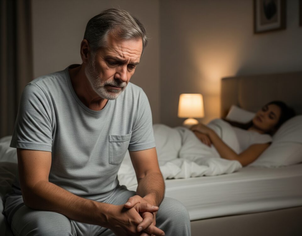 Erektilná dysfunkcia po päťdesiatke: Prečo prichádza a ako sa dá riešiť Zrelý muž v strednom veku premýšľa o erektilnej dysfunkcii po päťdesiatke