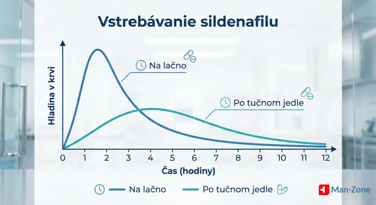 Ako správne užívať sildenafil v roku 2026: Strava, nápoje a tipy pre 100% účinok infografika-graf-vplyvu-potravy-na-vstrebavanie-sildenafilu-farmakokinetika